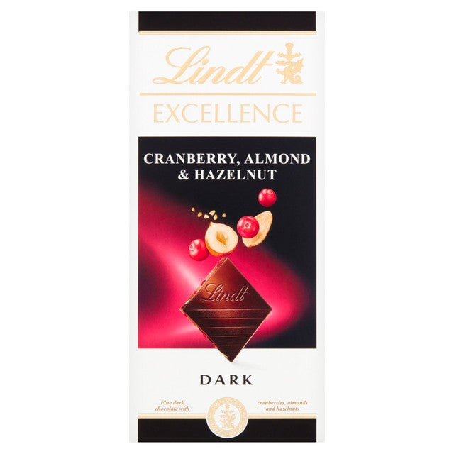 Lindt dark chocolate bar cranberry almond hazelnut 100g, UK version