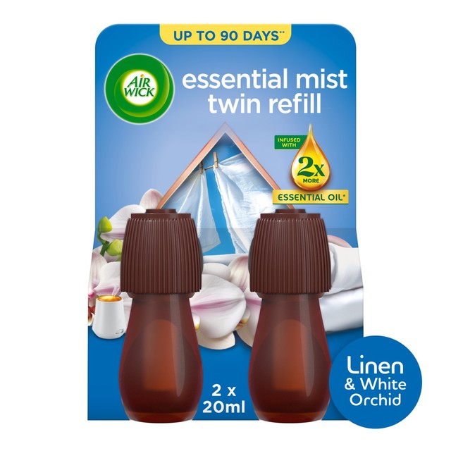 Airwick Essential Mist refill Linen & White Orchid twin pack, imported from the UK
