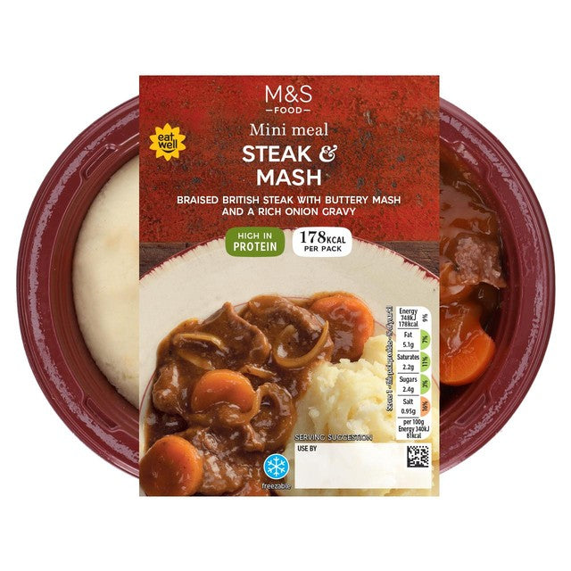 M&S Braised Steak and Mash ready meal 220g, imported from the UK