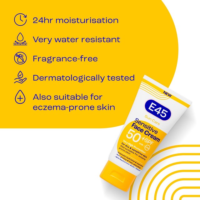 E45 face suncream SPF50+ tube sunscreen for sensitive skin (British brand)