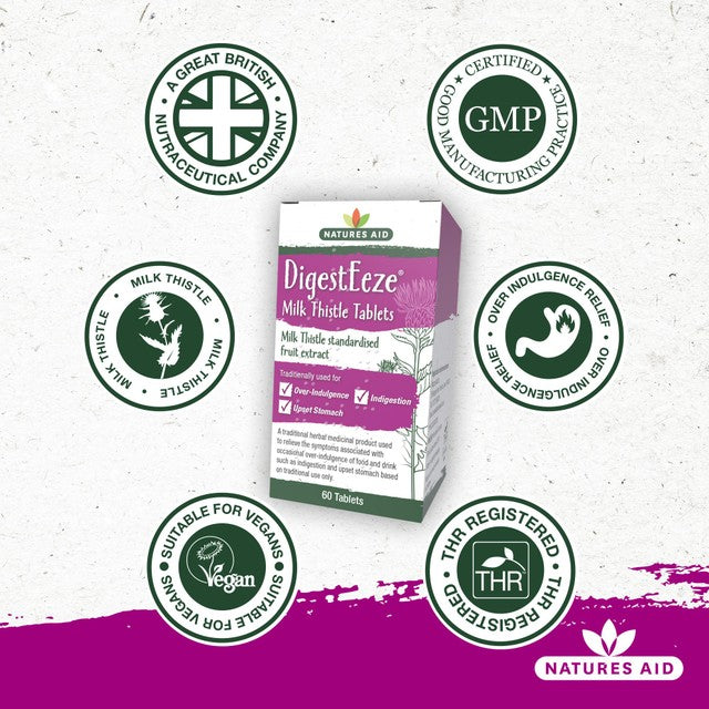 Natures Aid DigestEze milk thistle over-indulgence relief tablets 60 tablets, imported from the UK