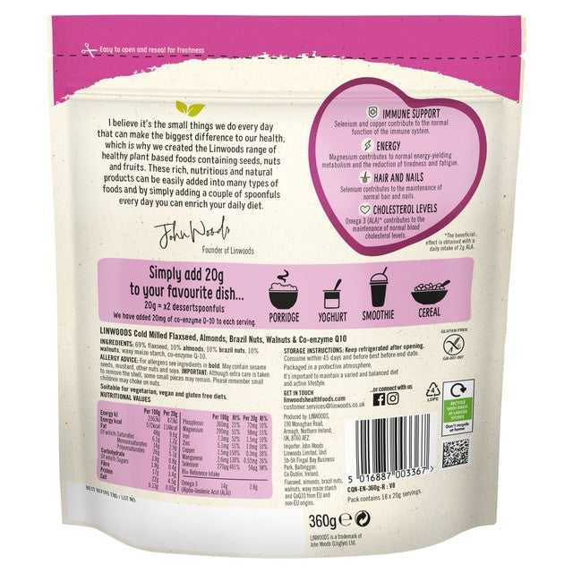 Linwoods milled flaxseed almonds brazil and walnuts with Co-Q10 360g, UK version