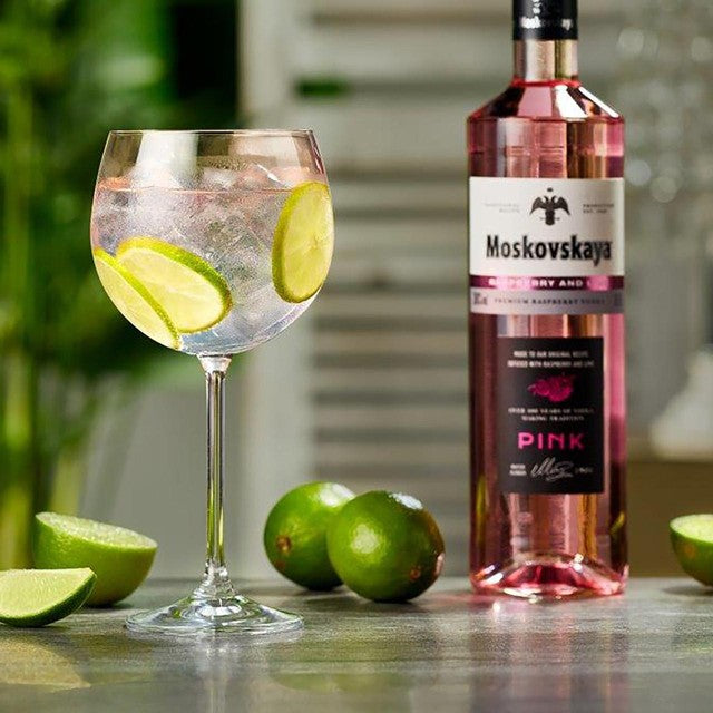 Moskovskaya pink vodka with raspberry and lime flavour 70cl, imported from the UK