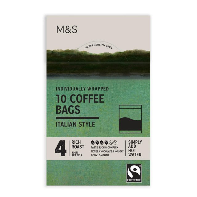 M&S Italian Style Coffee Bags 10 count, imported from the UK