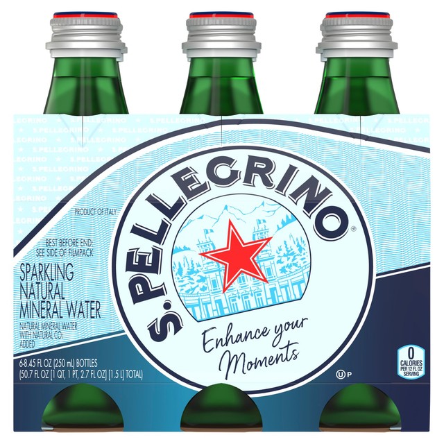 San Pellegrino sparkling natural mineral water 6x250ml glass bottles (British brand)