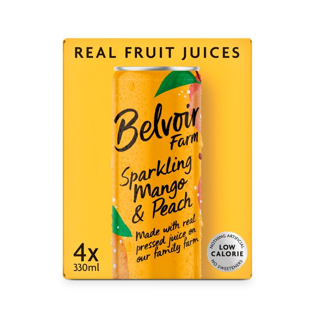 Belvoir Farm Mango Peach sparkling drink 4 x 330ml cans - British product