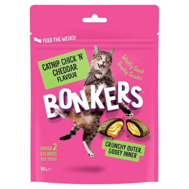 Bonkers Cat Bites Chick N' Cheddar crunchy soft cat treats, imported from the UK