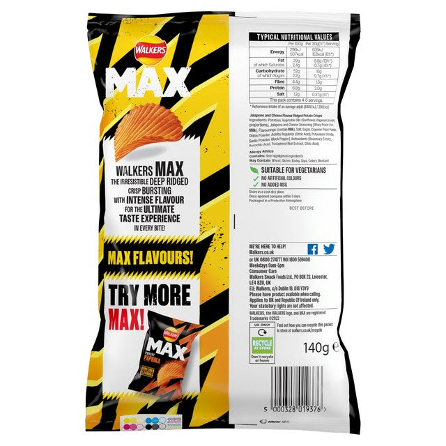 Walkers Max Strong Jalapeno & Cheese crisps 140g (British brand)