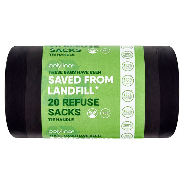 Polylina 75L refuse sacks with tie handles, imported from the UK