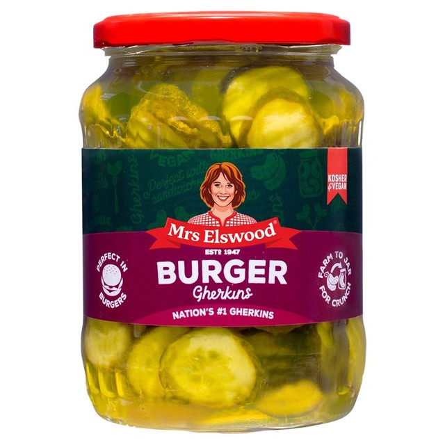 Mrs Elswood burger gherkins 670g, imported from the UK