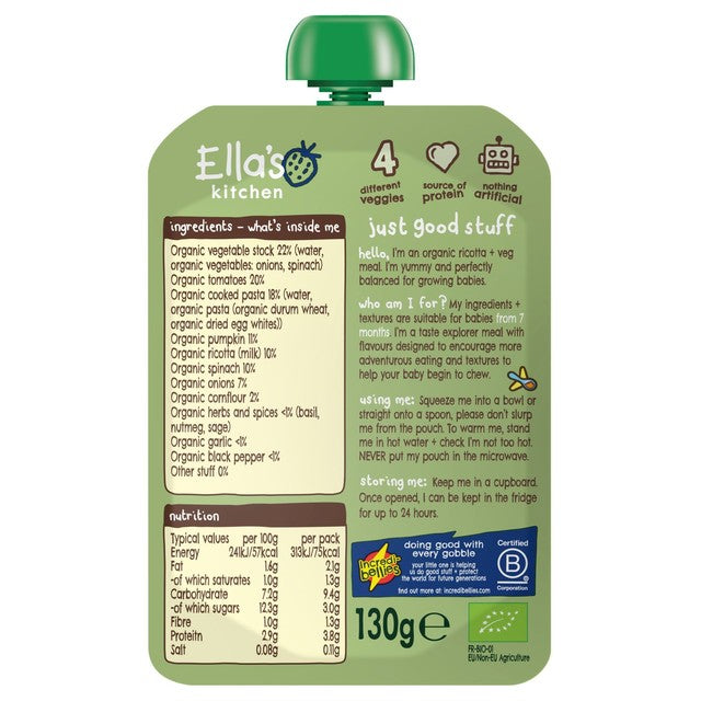 Ella's Kitchen spinach and ricotta ravioli baby food pouch 130g - British product