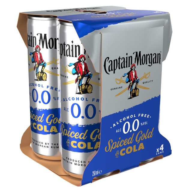 Captain Morgan Spiced Gold alcohol-free cola mixer 4 x 250ml cans - British product