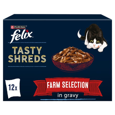 M&S Felix Tasty Shreds Farm Selection in Gravy Wet Cat Food 12 x 80g- Buy online at McGrocer