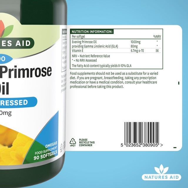 Natures Aid Evening Primrose Oil soft gel capsules 90 count, imported from the UK