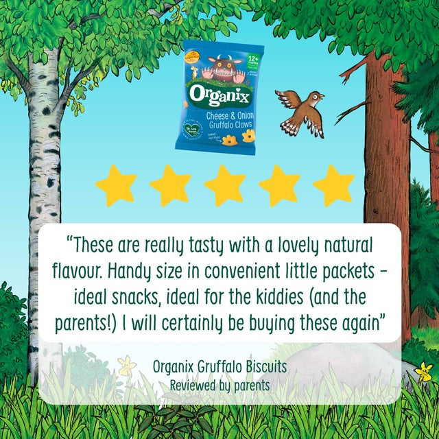 Organix Gruffalo Claws Cheese Onion 4x15g, imported from the UK