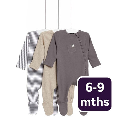 M&S Bomullsstripete Ensfarvet Soveromsdrakt Grå 6-9 mnd Pakke med 3