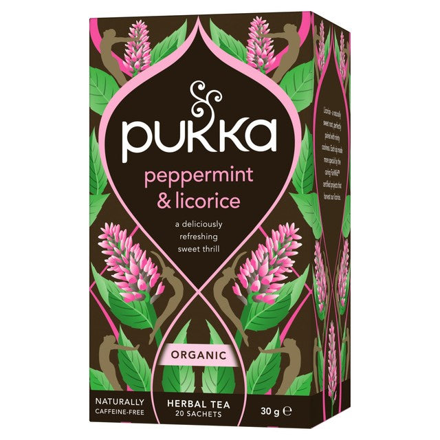 Pukka Herbs peppermint and licorice herbal tea bags x20, imported from the UK