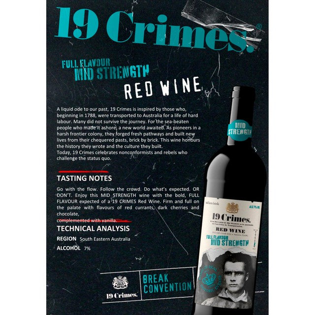 19 Crimes mid strength red wine blend 75cl - British product