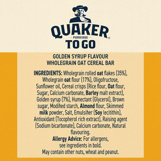Quaker golden syrup breakfast cereal bars 2 bars, imported from the UK