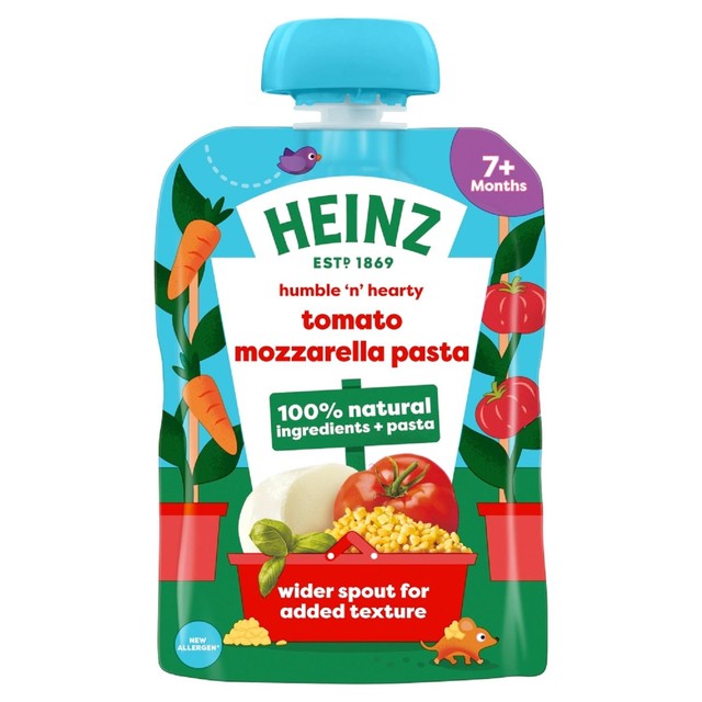 Heinz tomato mozzarella pasta shapes baby food pouch 130g, UK version