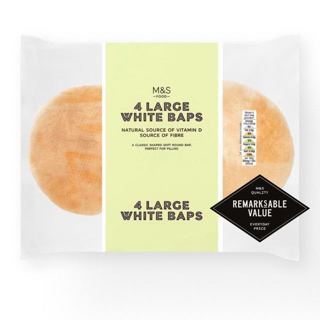 M&S large white baps 4 pack, imported from the UK