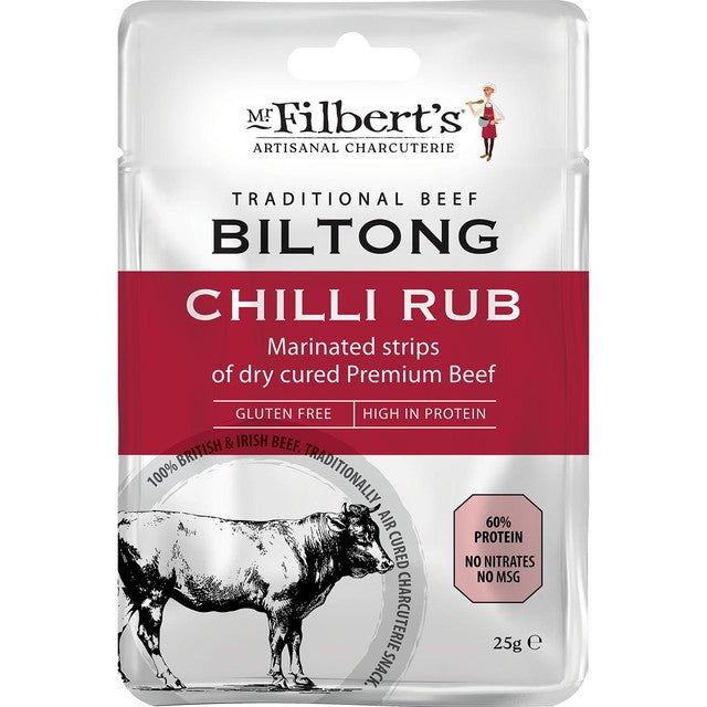 Mr Filberts beef biltong chilli rub 25g, imported from the UK