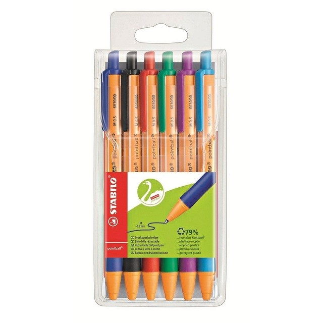 Stabilo Pointball 6 assorted colours ballpoint pen pack (British brand)