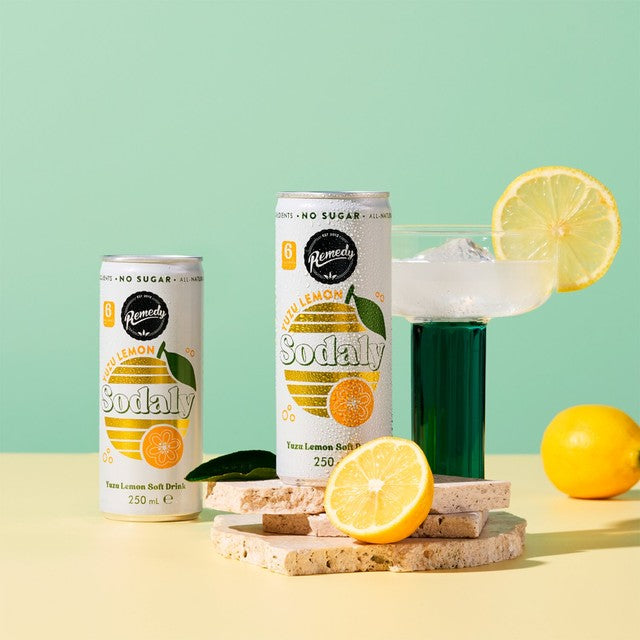 Remedy Sodaly Yuzu Lemon soft drink can, imported from the UK
