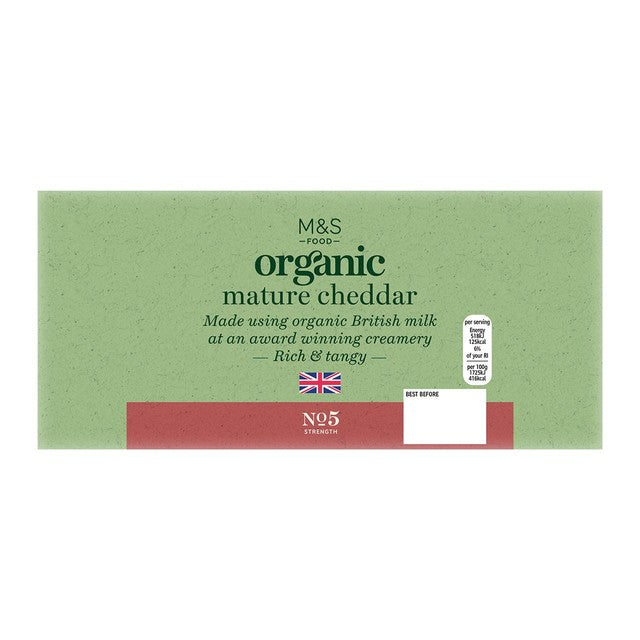 M&S organic British mature cheddar cheese 350g, imported from the UK