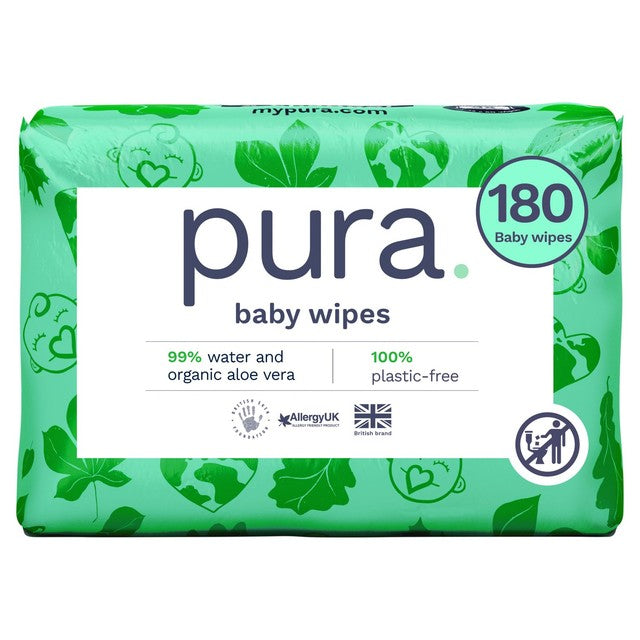 Pura Plastic Free Baby Wipes 3 x60pk, imported from the UK