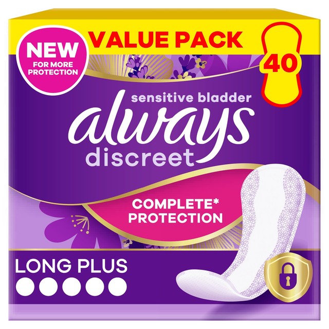Always Discreet incontinence liners Long Plus 40 count - British product