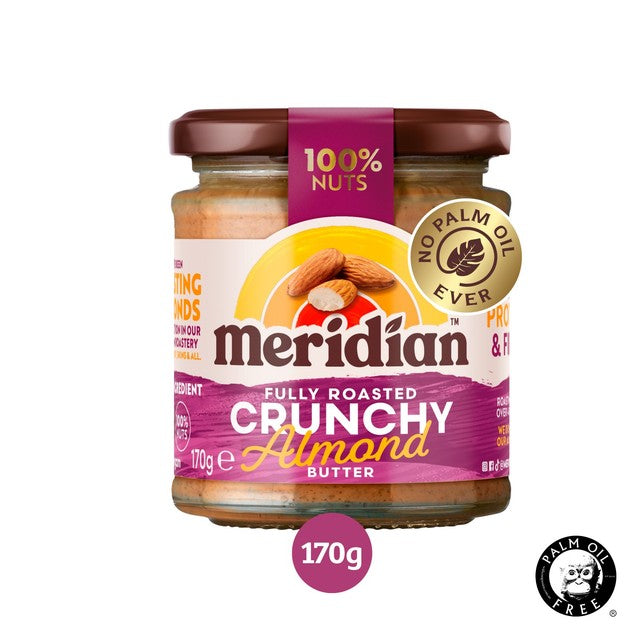 Jar of Meridian crunchy almond butter made from 100% nuts, imported from the UK