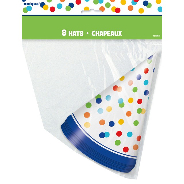 Unique Party Rainbow Polka Dot Party Hat Pack of 8, imported from the UK
