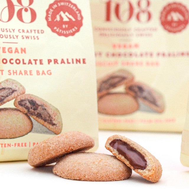Rhythm 108 vegan hazelnut chocolate praline biscuits 135g, imported from the UK