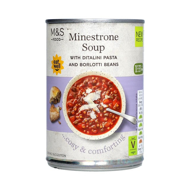 M&S vegansk Minestrone Suppe med pasta 400g, importert fra Storbritannia