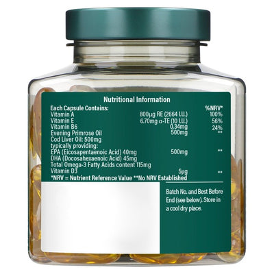 Holland & Barrett Huile de foie de morue pure et huile d'onagre en capsules 500 mg, lot de 60, complément alimentaire