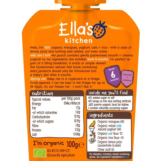Ella's Kitchen mango baby food pouch 100g, imported from the UK