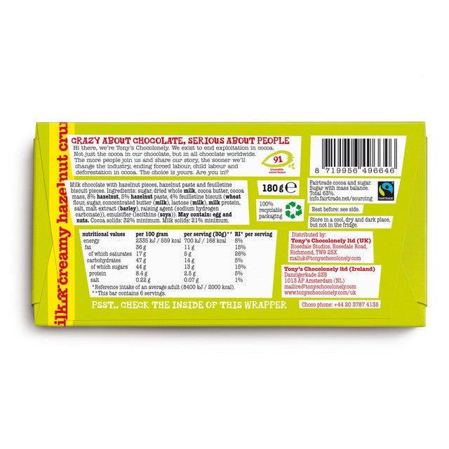 Tony's Chocolonely Milk Chocolate Hazelnut Crunch 180g (British brand)