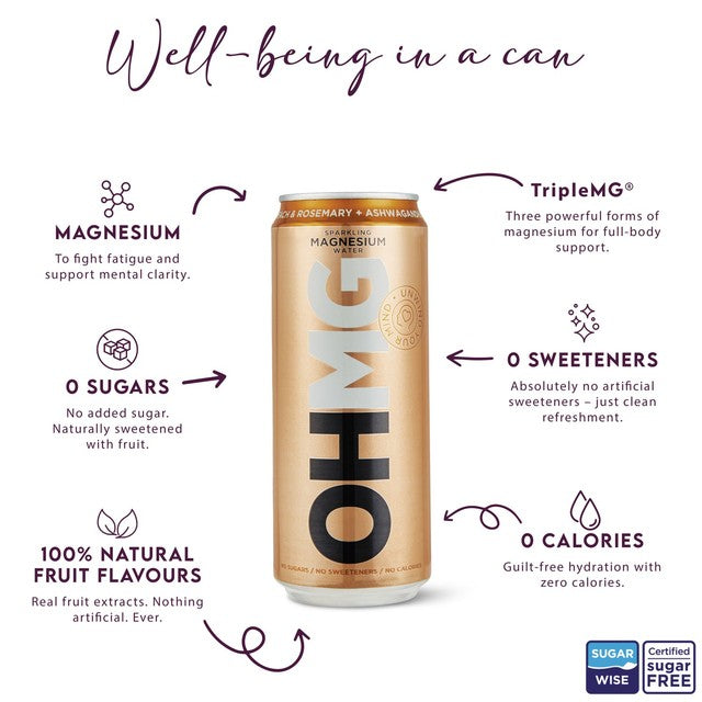 OHMG Peach Sparkling Magnesium Water 4 x 330ml, imported from the UK