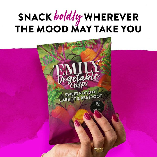 Emily Veg Crisps Rainbow Roots Sweet Potato, Carrot & Beetroot vegetable crisps 30g - British product