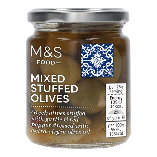M&S Mixed Stuffed Olives 240g, imported from the UK