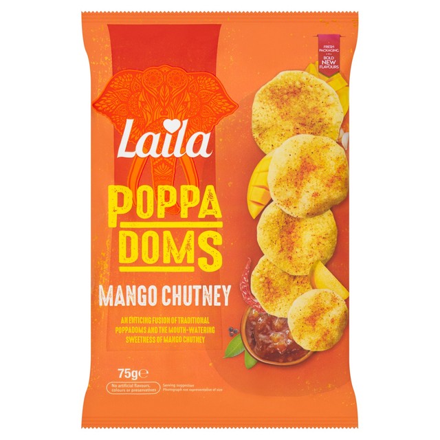 Laila mini poppadoms mango chutney flavour 75g, UK version