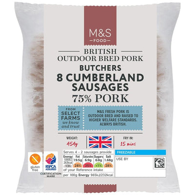 M&S Saucisses Cumberland de Porc de Boucherie M&S 8 pièces 454g