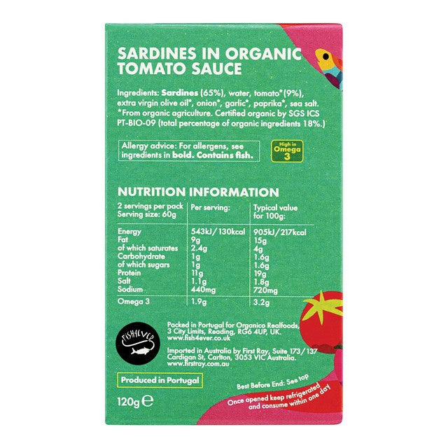 Fish 4 Ever Sardines Organic Tomato Sauce 120g - British product