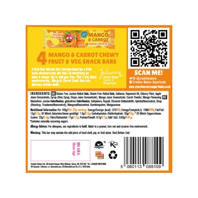 Creative Nature Mango & Carrot snack bars 4 x 25g, imported from the UK