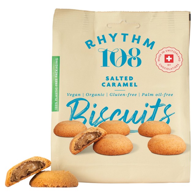 Rhythm 108 Vegan Salted Caramel Filled Biscuits 135g, imported from the UK