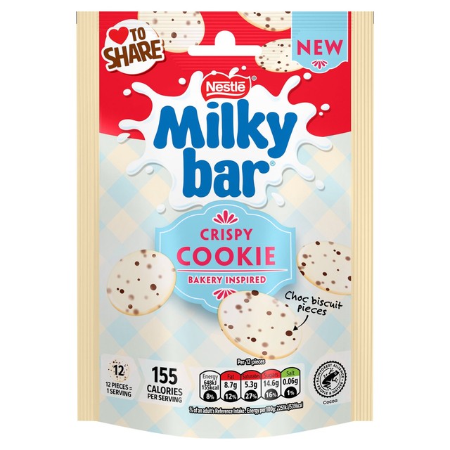 Milkybar crispy cookie white chocolate buttons 86g, imported from the UK