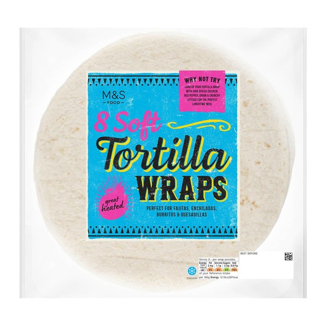 M&S soft tortilla wraps plain wheat 8 pack, imported from the UK