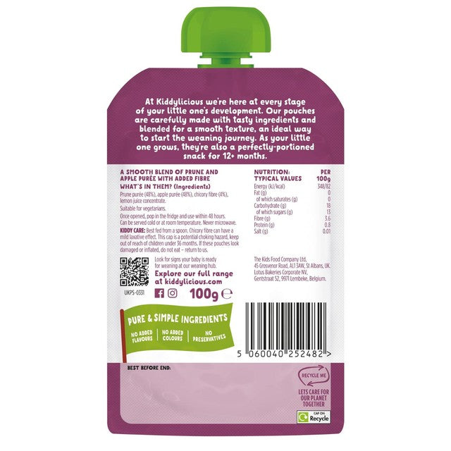 Kiddylicious apple and prune baby food pouch 100g, UK version
