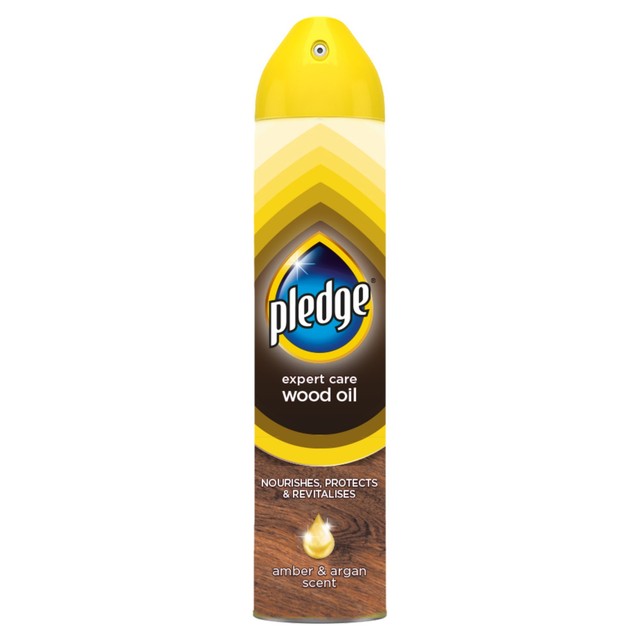 Pledge wood polish aerosol Amber & Argan 250ml, imported from the UK
